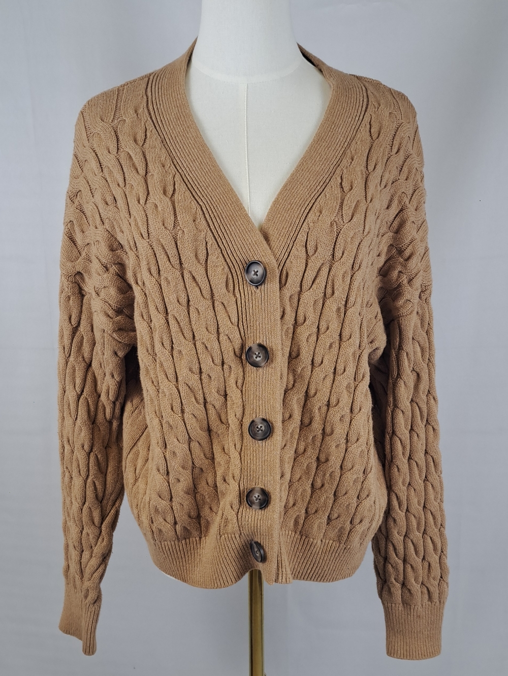 Old Navy Camel Brown Cable Knit Cotton Button Front V Neck Cardigan Sweater S